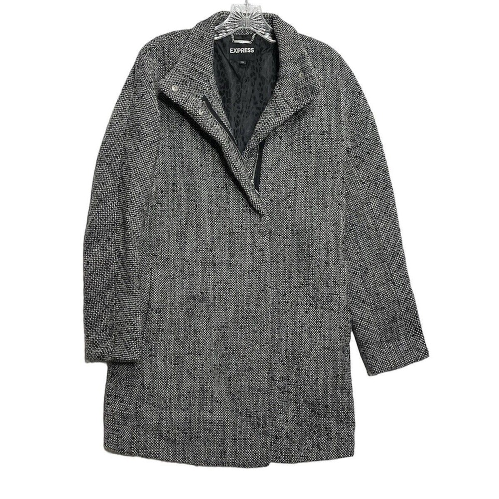 Express Women Tweed Zipper Pocket Wool Blend Winter Coat Black White Size M‎
